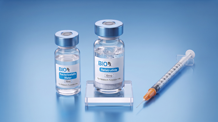 BioRX Medical bacteriostatic water next to a research peptide vial