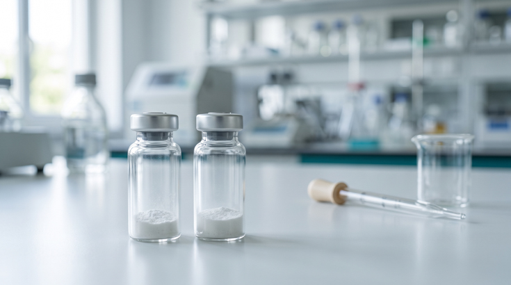Laboratory vials of lyophilized research peptide on a clean bench